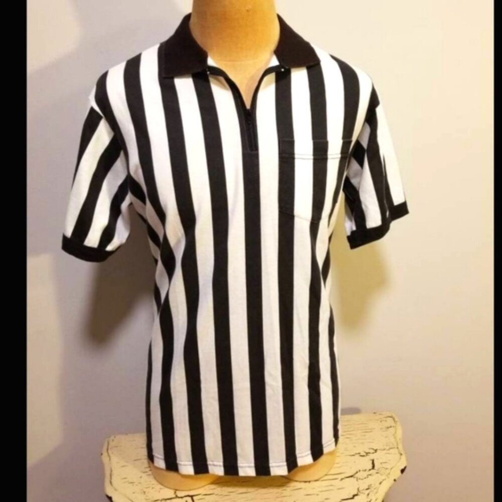 MAJESTIC REFEREE SHIRT VINTAGE 80S BLACK WHITE STRIPED SPORTS ATHLETIC RETR0 90S